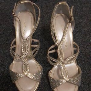 Gold, jeweled strap, peep toe stilettos